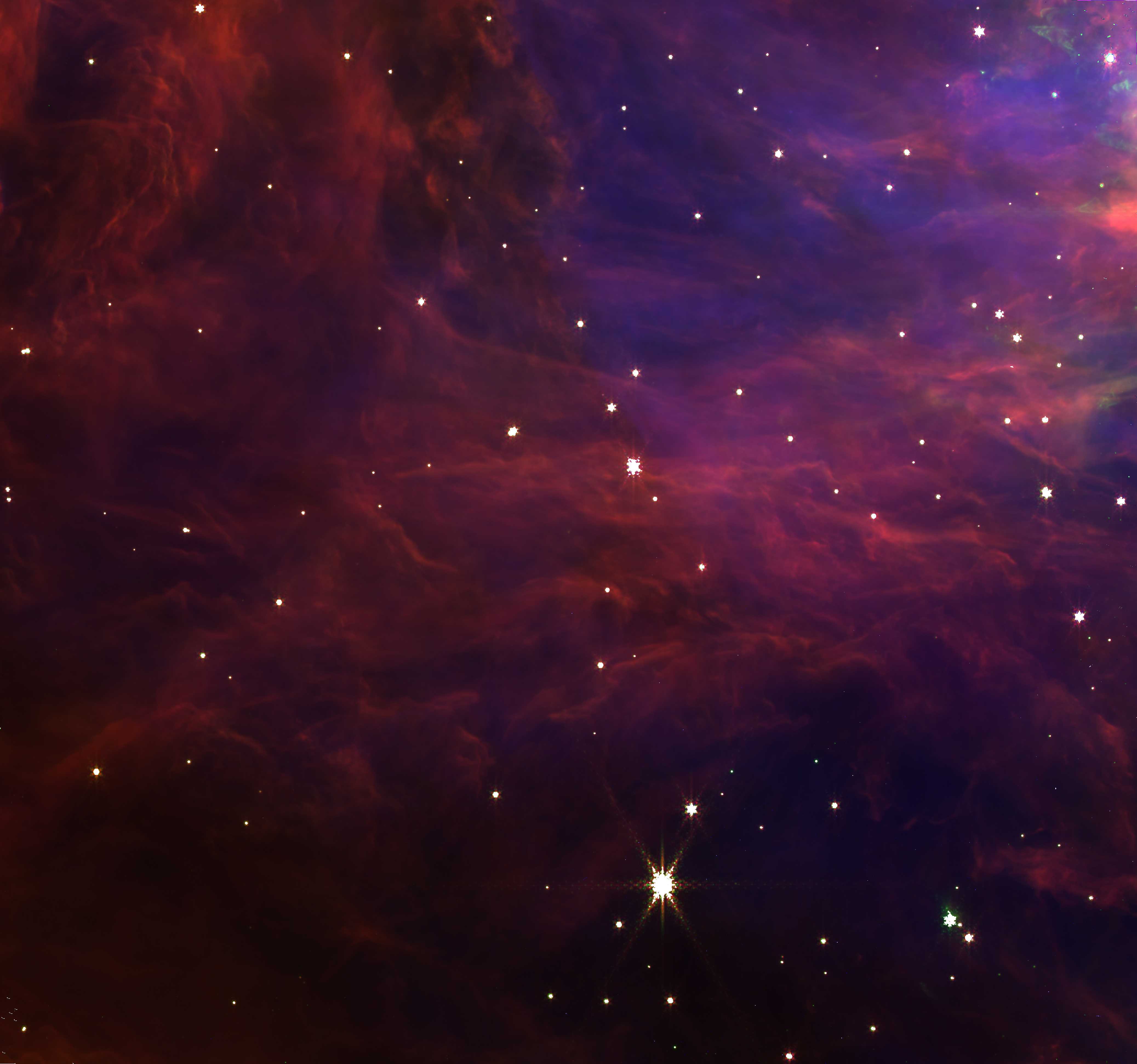 Picture of the Orion Nebula which looks like a large purple cloud dotted with stars.