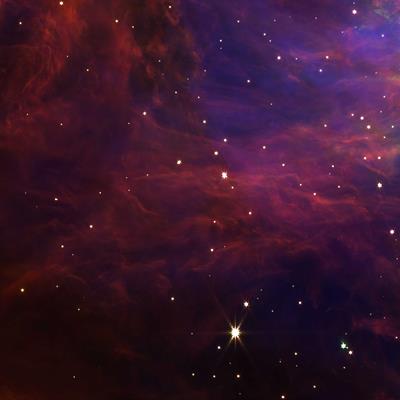 Picture of the Orion Nebula which looks like a large purple cloud dotted with stars.